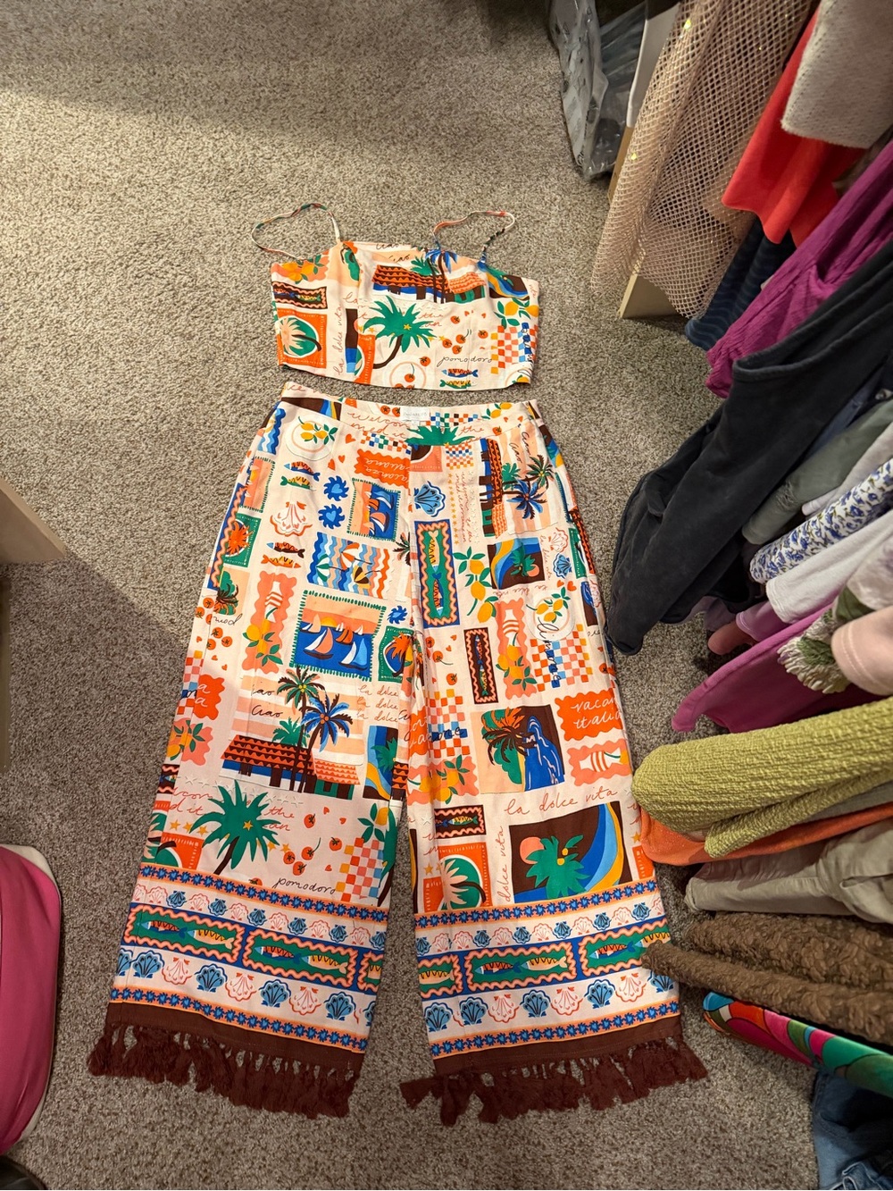 Sugarlips Striped Tropical Beach Print Two-Piece Jumpsuit Set top L bottom XL